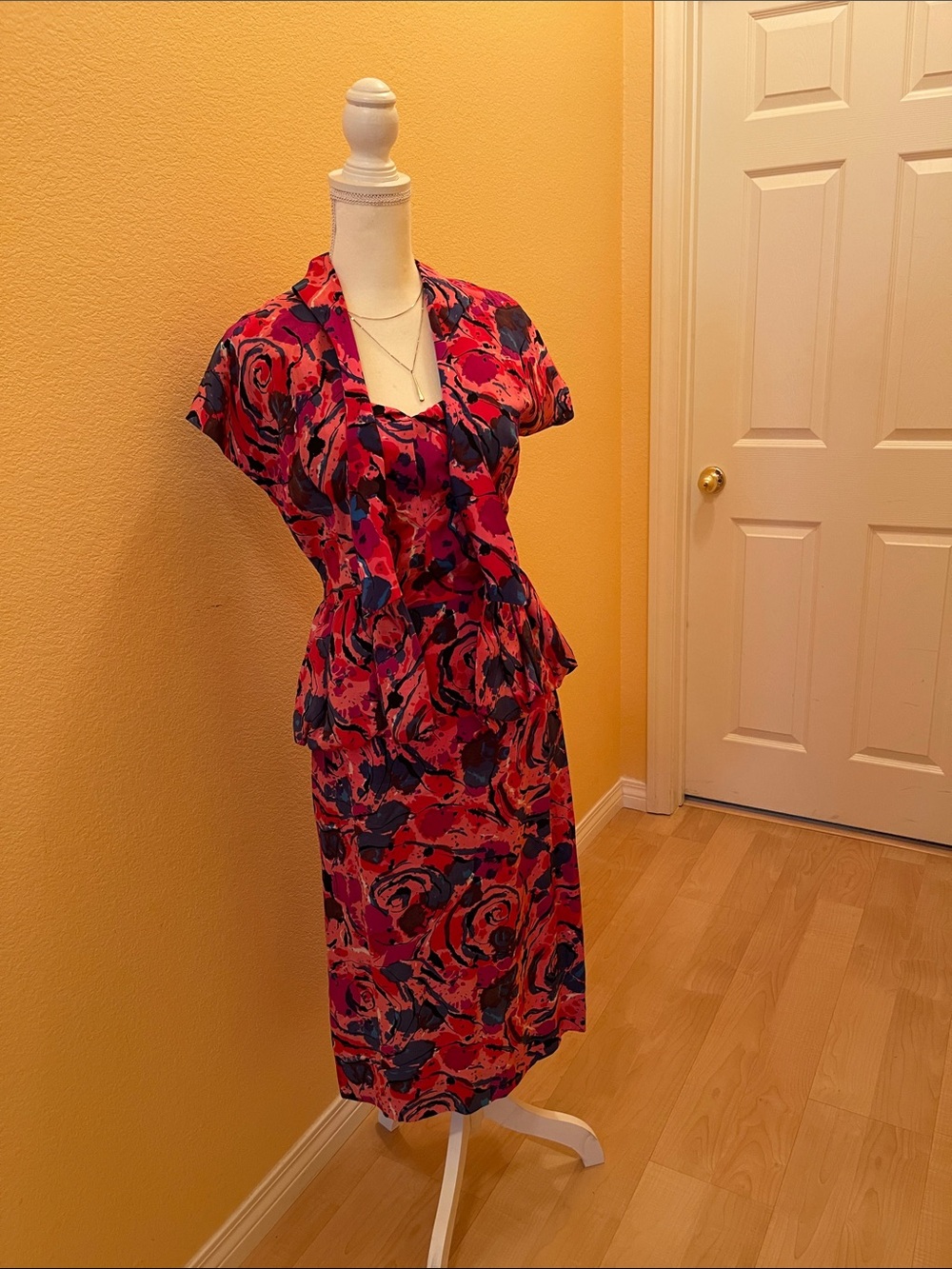 Vibrant Pink Floral Midi Dress - Bold Printed Matching Peplum Jacket
